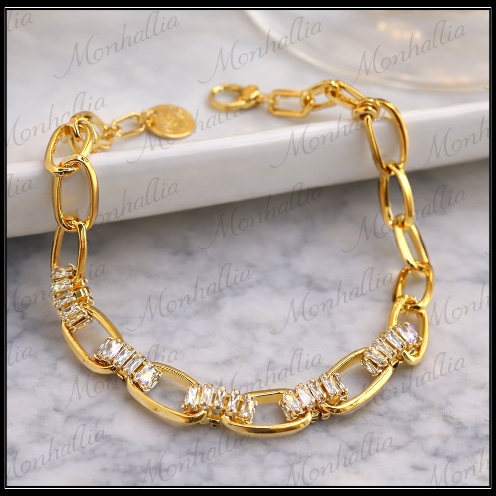 New Gold Wide Link Simulated Diamond Baguette Statement Bracelet